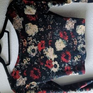 Long Sleeve Crop Top Abstract Dark Floral Print Crushed Velvet Like Small